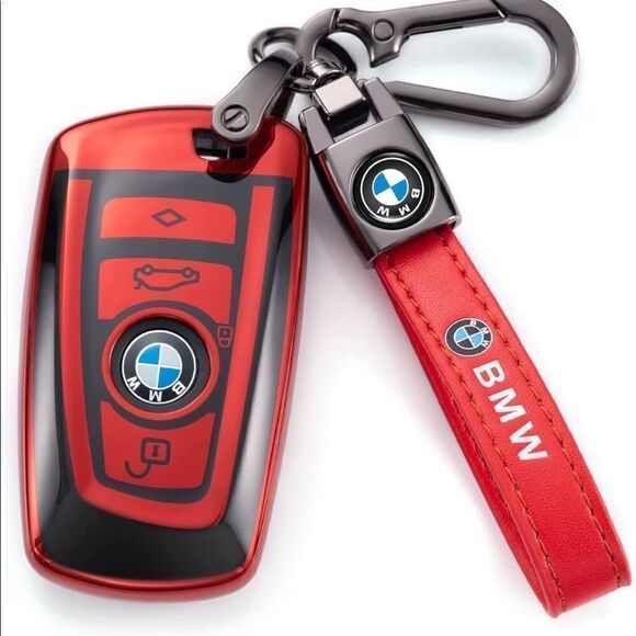 BMW Logo key fob Keychain in Red Leather & Key Fob Cover in black & Red NWT - Picture 4 of 11